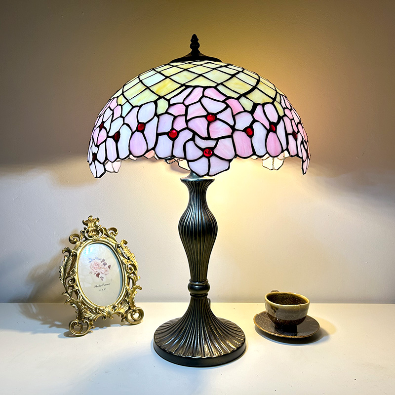 LongHuiJing Pink Cherry Blossom Tiffany Lamp Stained Glass Bedroom Decoration Handmade Light