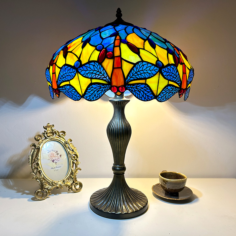 LongHuiJing Dragonfly Handmade Stained Tiffany Glass Table Lamp 16 inch shade Bedside Home Decor