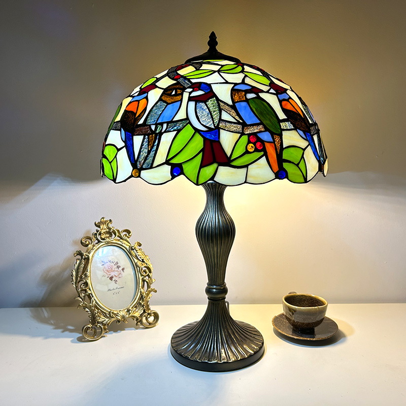 LongHuiJing Traditional Tiffany Metal Glass Dome Grape Flower Dragonfly Butterfly 2-Light Table Lamp For Bedside