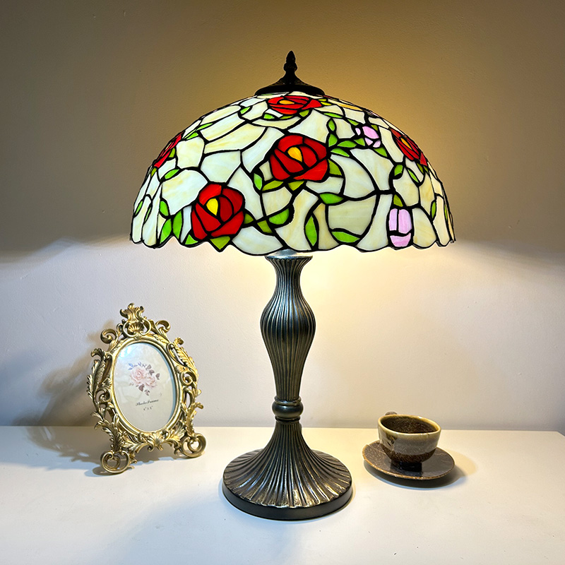 LongHuiJing Tiffany Style Table Lamp 16Inch Rose Flower Stained Glass Lampshade Desk Light Creative Art Home Decor