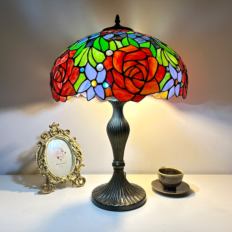 LongHuiJing 16Inch Rose Lamp Tiffany Style Table Lamp Stained Glass Lamp Bed Room Bedside Reading Desk Light